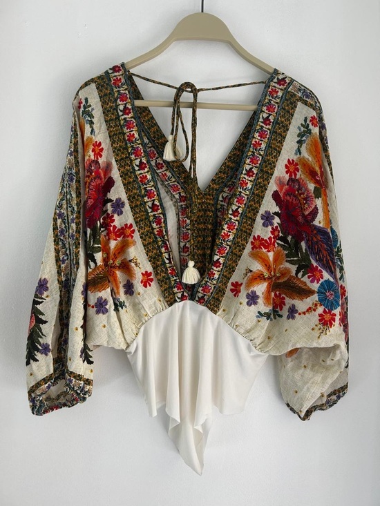 FARM Rio Tops - FARM Rio Cream Floral Embroidered V-Neck Bodysuit with Tassel Tie